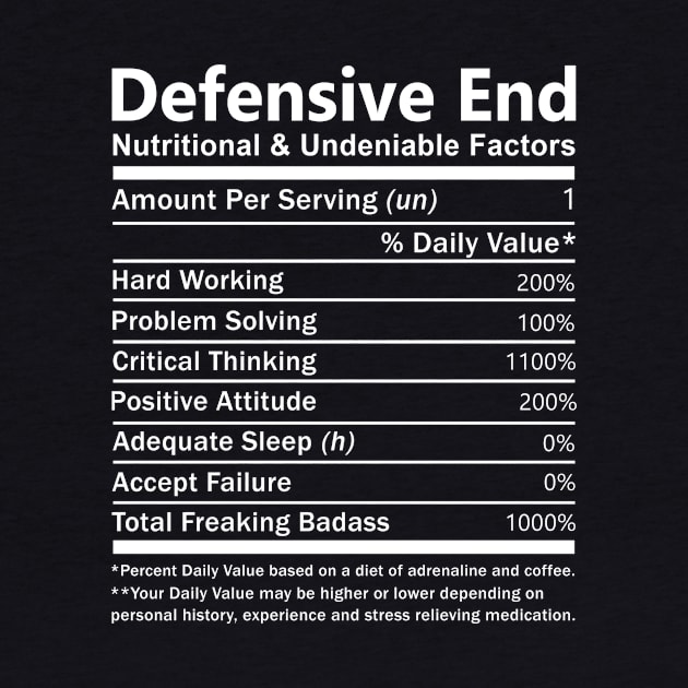 Defensive End T Shirt - Nutritional and Undeniable Factors Gift Item Tee by Ryalgi